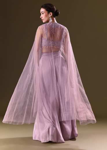 Lilac Embroidered Bustier And Cape With Flared Pant