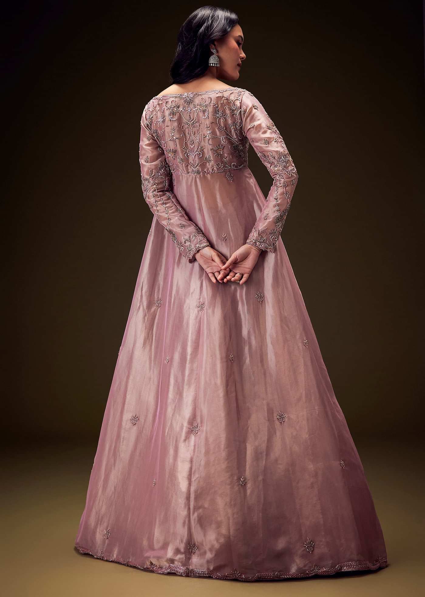 Dusty Lilac Embroidered Long Jacket With Ruched Lehenga