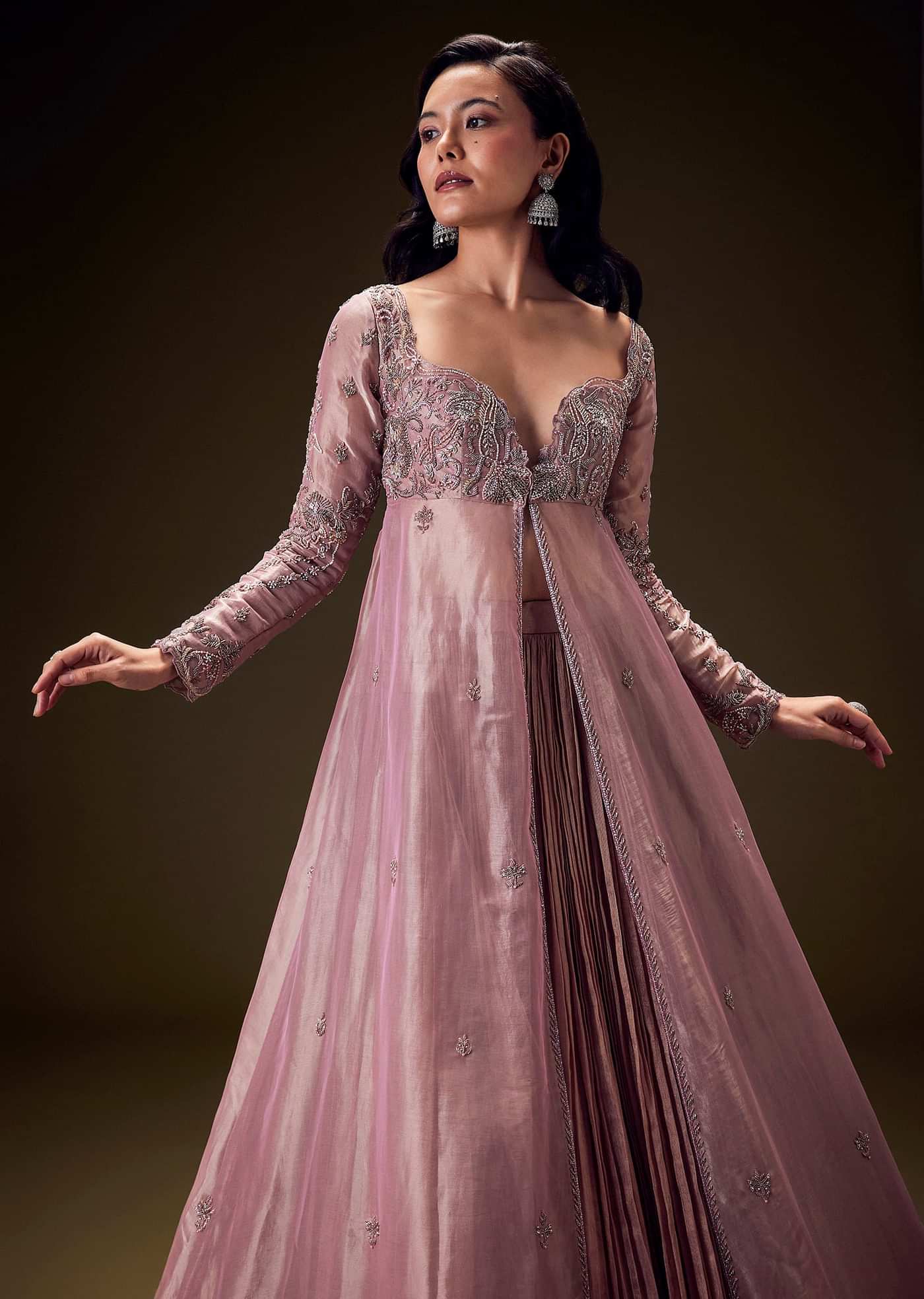 Dusty Lilac Embroidered Long Jacket With Ruched Lehenga