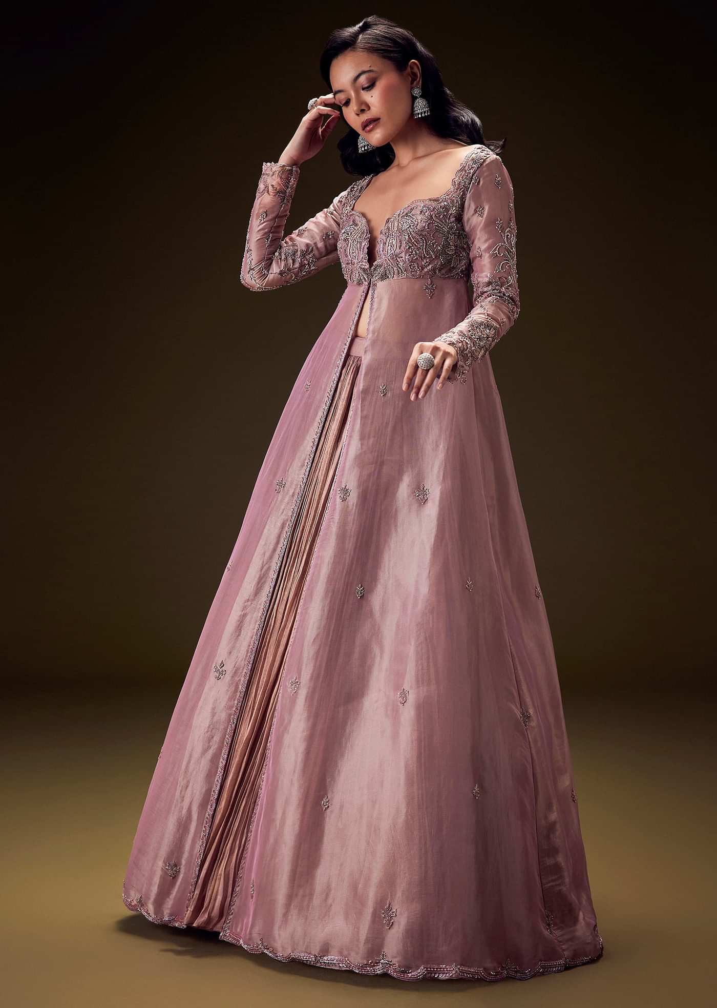 Dusty Lilac Embroidered Long Jacket With Ruched Lehenga