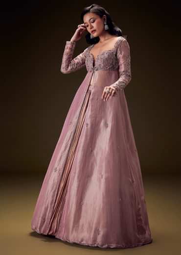 Dusty Lilac Embroidered Long Jacket With Ruched Lehenga