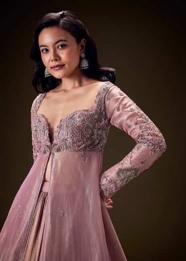 Dusty Lilac Embroidered Long Jacket With Ruched Lehenga