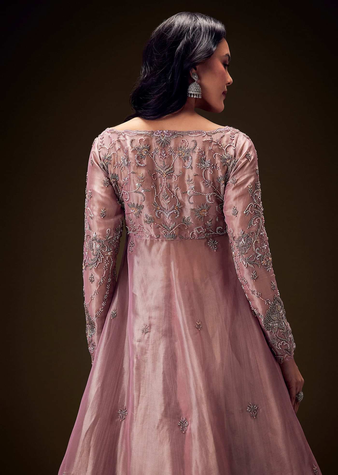 Dusty Lilac Embroidered Long Jacket With Ruched Lehenga