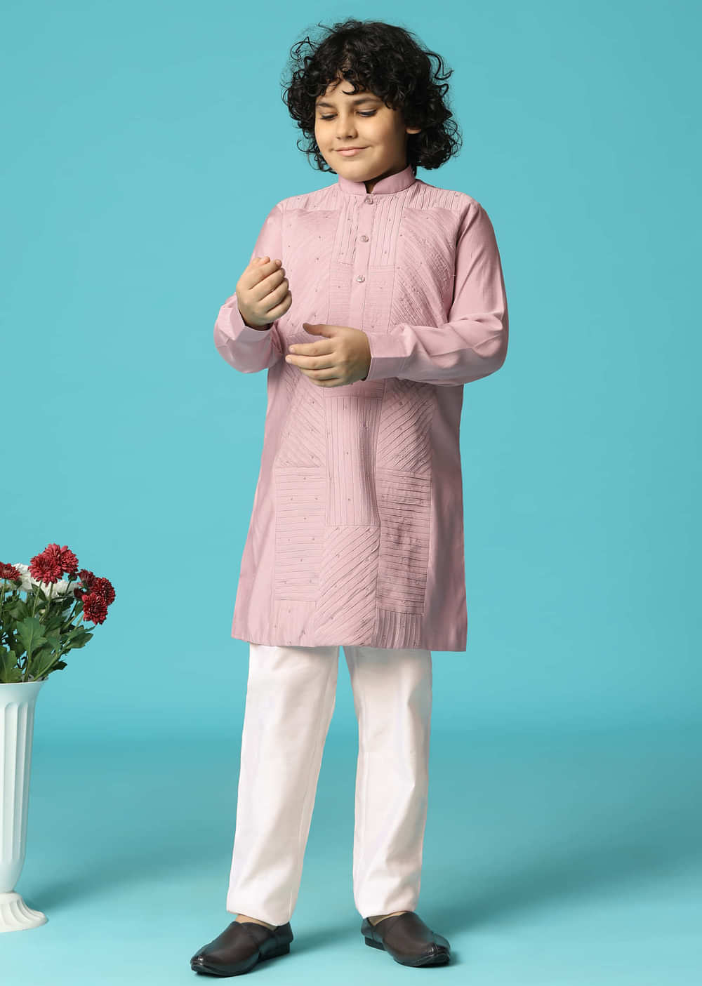 Lilac Embroidered Silk Kurta Pant For Boys