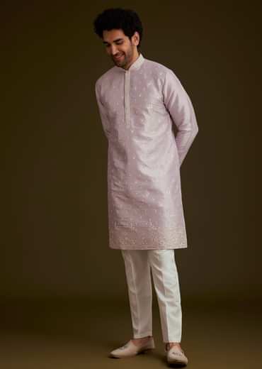 Lilac Embroidered Silk Kurta Set