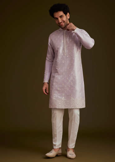 Lilac Embroidered Silk Kurta Set