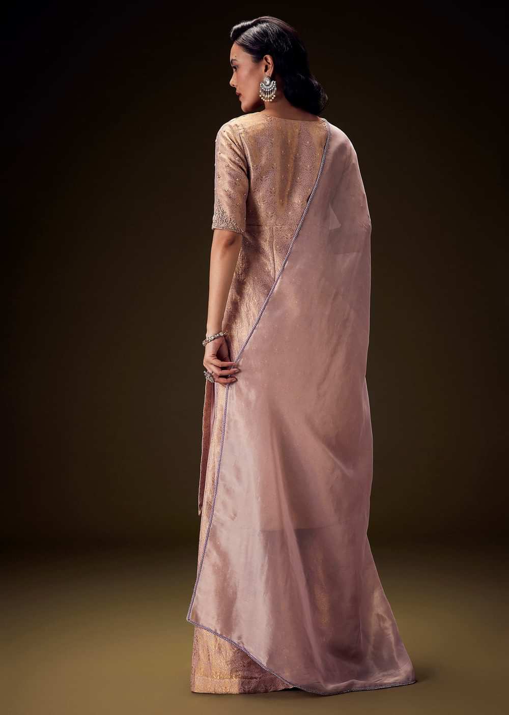 Lilac Embroidered Straight Kurta Set With Matching Brocade Palazzo And Organza Dupatta