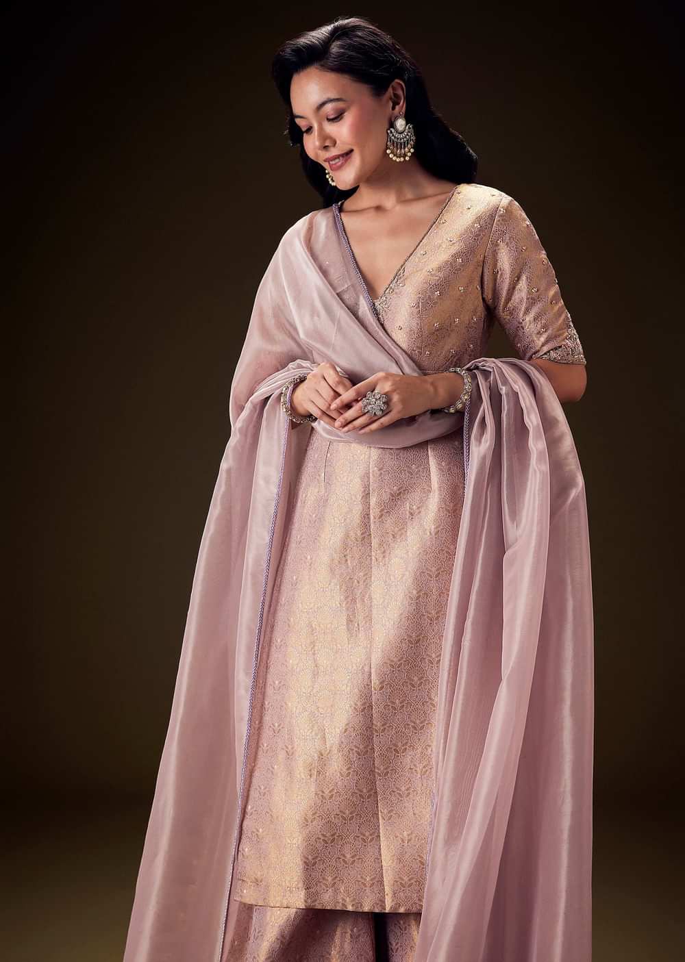 Lilac Embroidered Straight Kurta Set With Matching Brocade Palazzo And Organza Dupatta