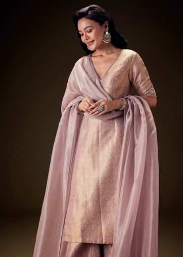 Lilac Embroidered Straight Kurta Set With Matching Brocade Palazzo And Organza Dupatta