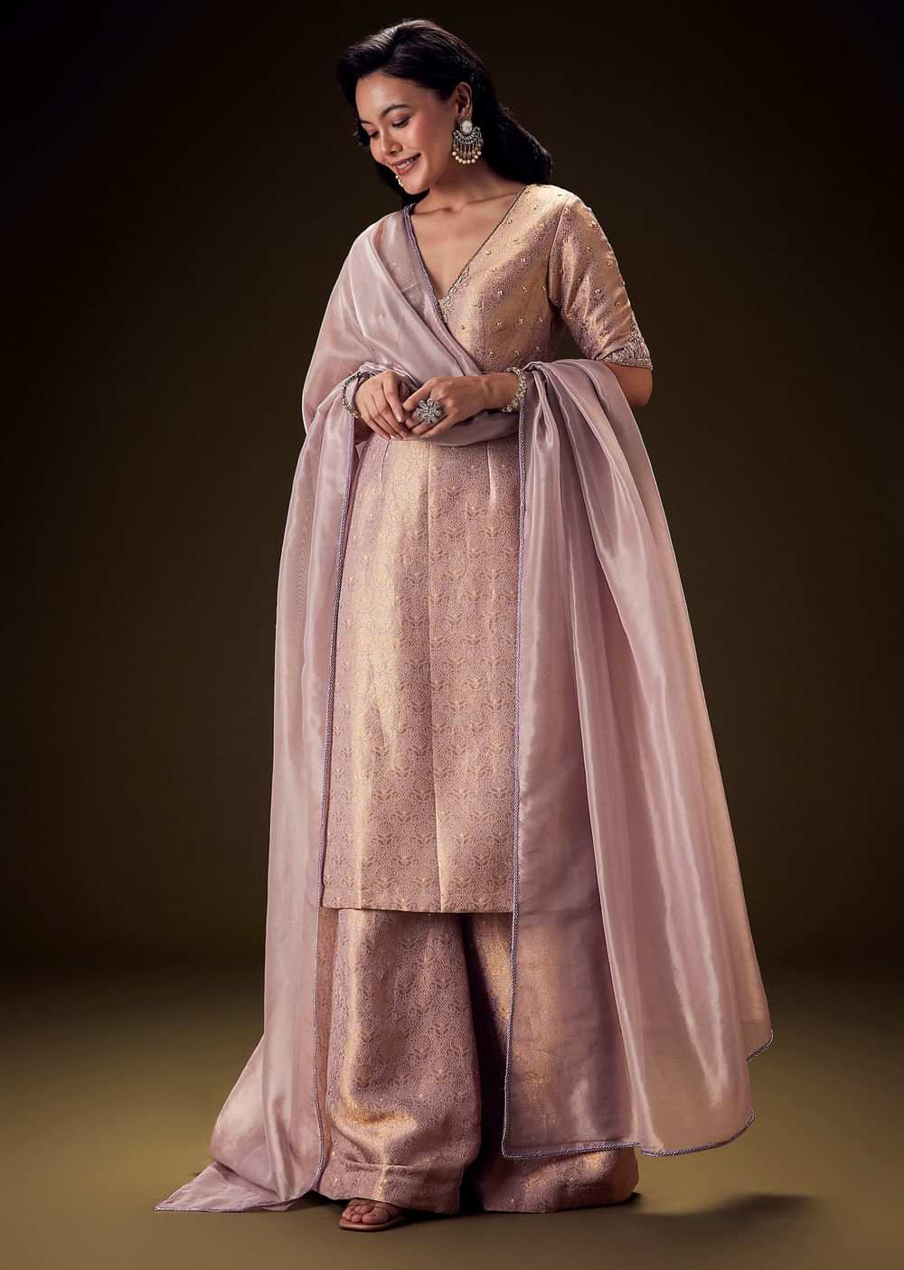 Lilac Embroidered Straight Kurta Set With Matching Brocade Palazzo And Organza Dupatta