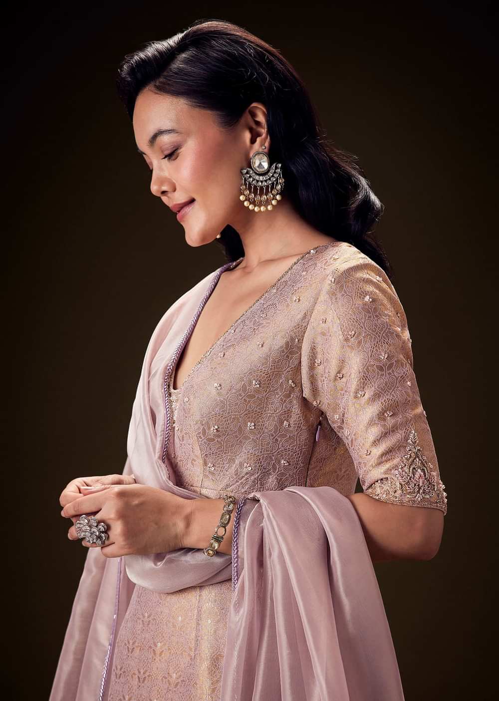Lilac Embroidered Straight Kurta Set With Matching Brocade Palazzo And Organza Dupatta