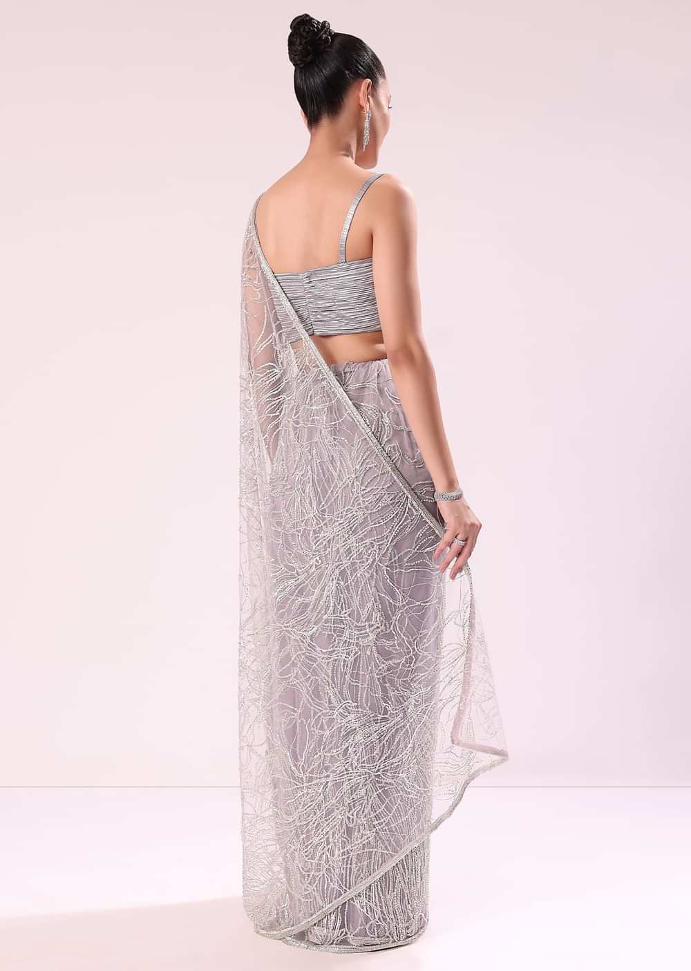 Lilac Fancy Sequence Net Saree With Ruched Stitched