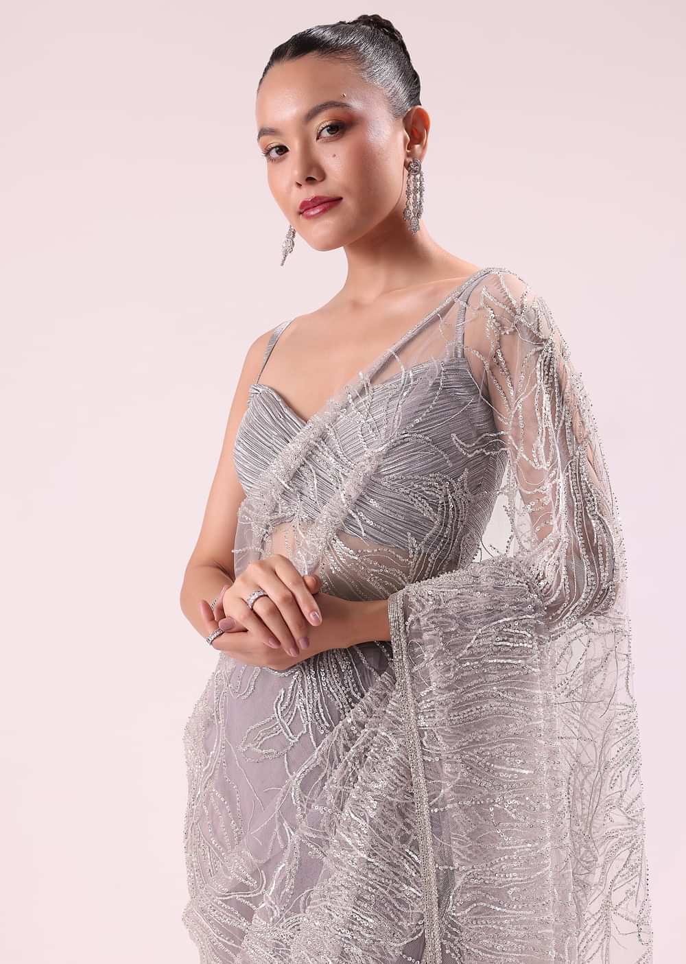 Lilac Fancy Sequence Net Saree With Ruched Stitched