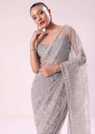 Lilac Fancy Sequence Net Saree With Ruched Stitched