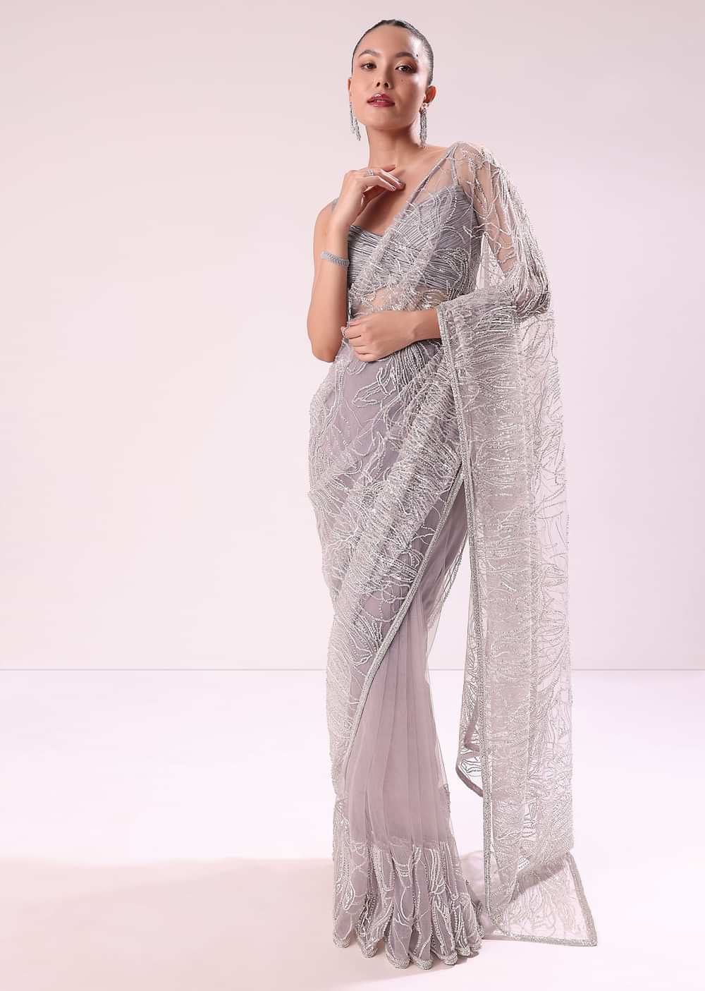 Lilac Fancy Sequence Net Saree With Ruched Stitched