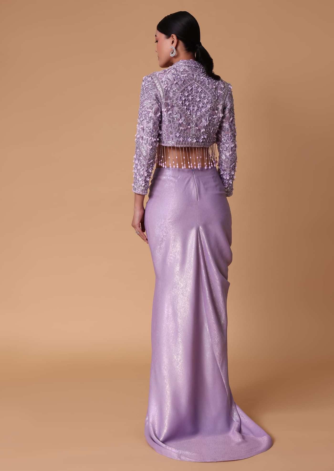 Lilac Foil Print Draped Slit Skirt With Bustier And Short Jacket