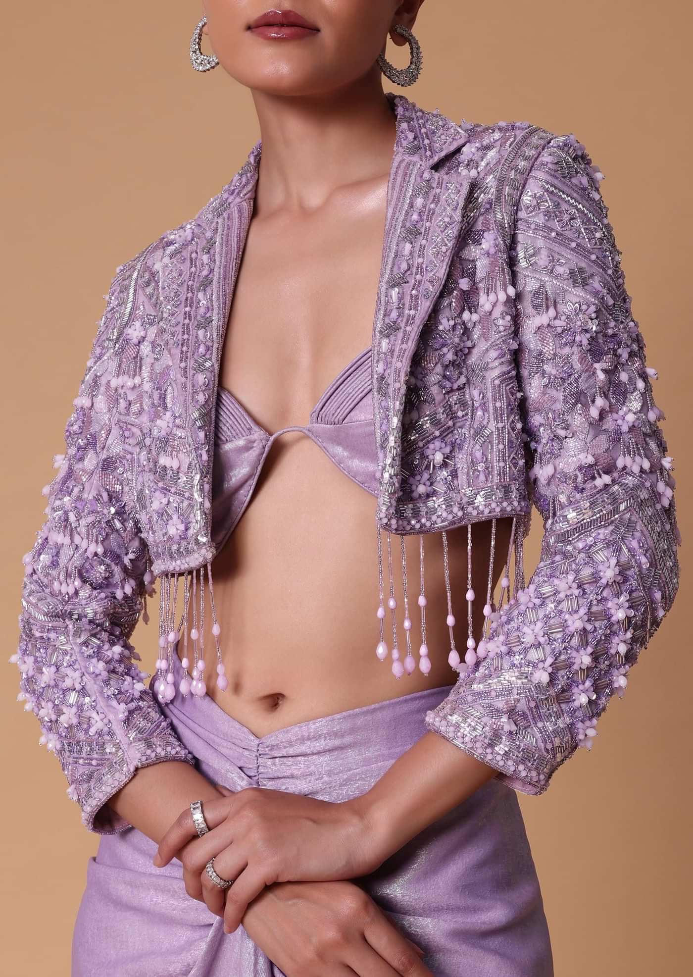Lilac Foil Print Draped Slit Skirt With Bustier And Short Jacket