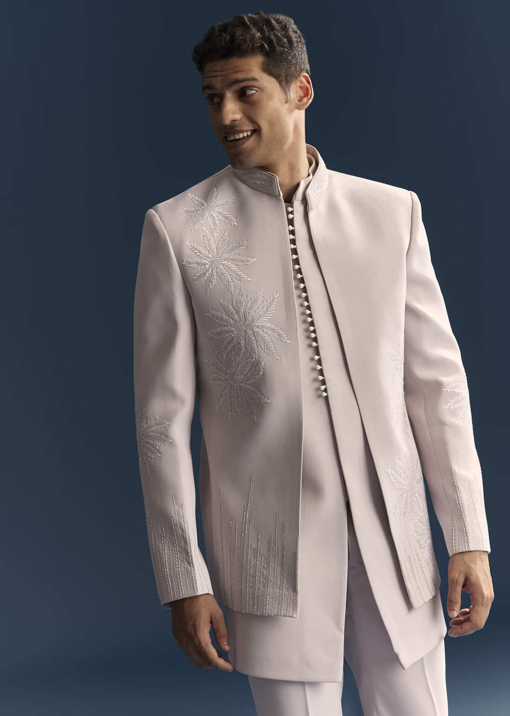 Lilac Indo Western Set For Men With Resham And Moti Work