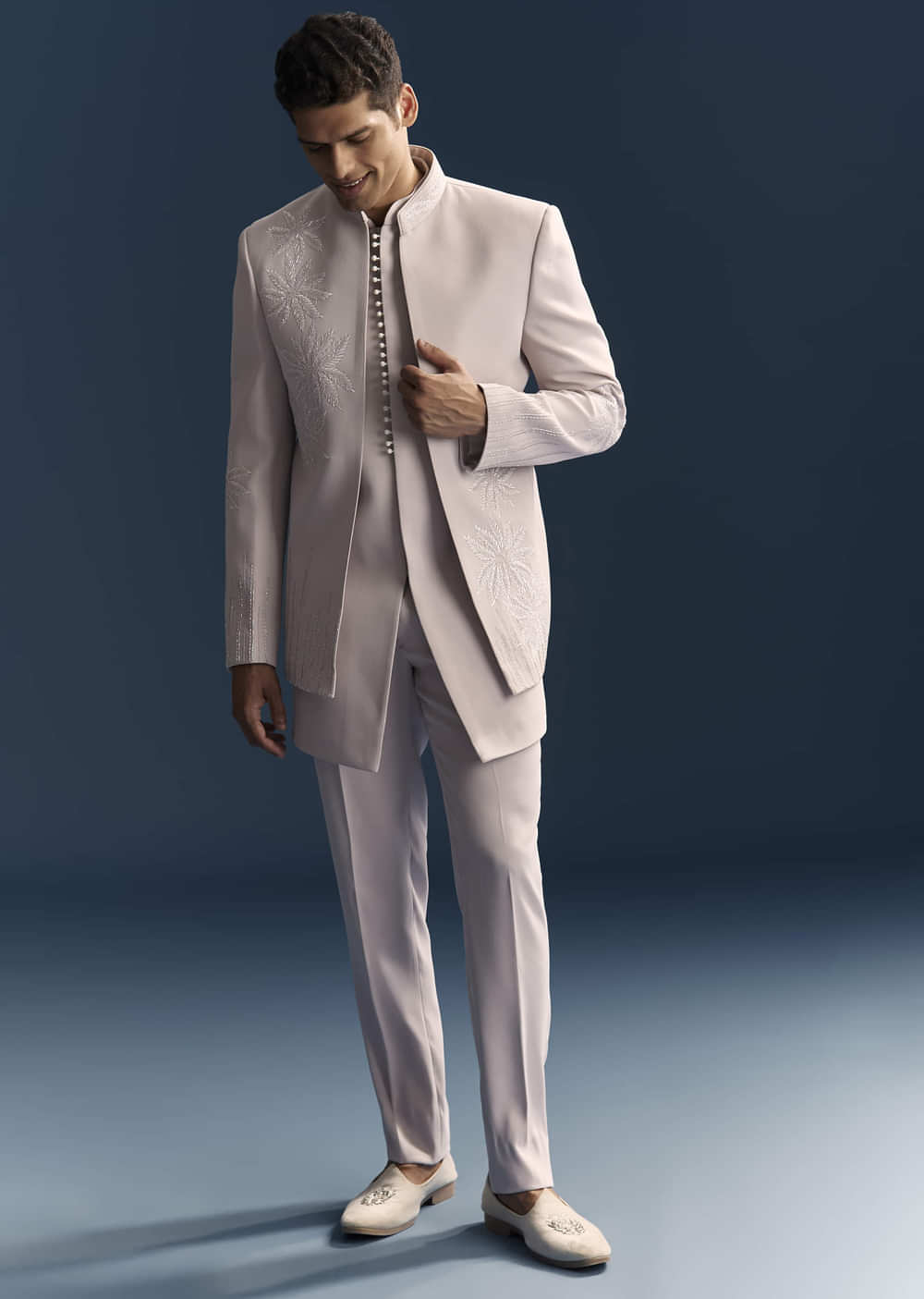 Lilac Indo Western Set For Men With Resham And Moti Work