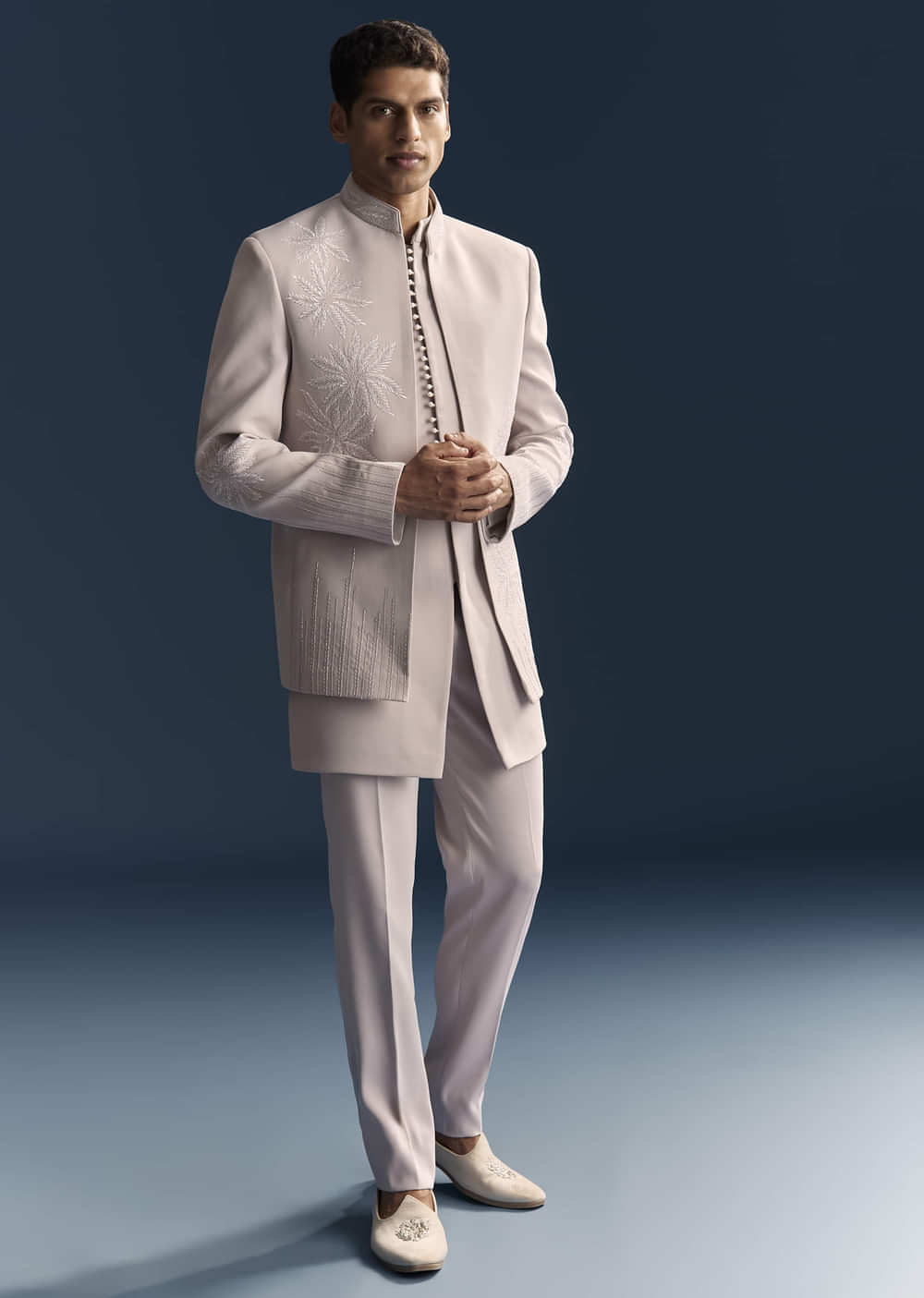 Lilac Indo Western Set For Men With Resham And Moti Work