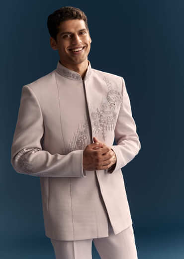 Lilac Jodhpuri Suit For Men With Moti Work And Embellishments