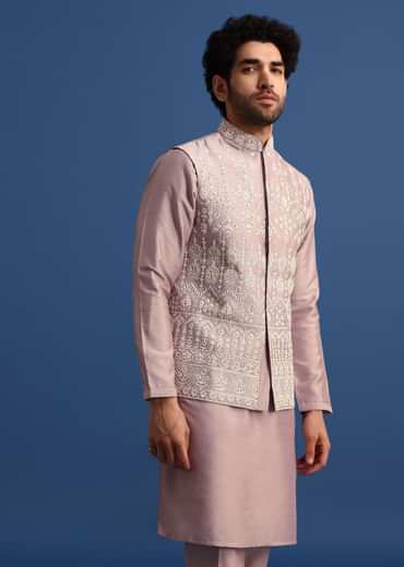 Lilac Kurta Jacket Set With Thread Work For Men
