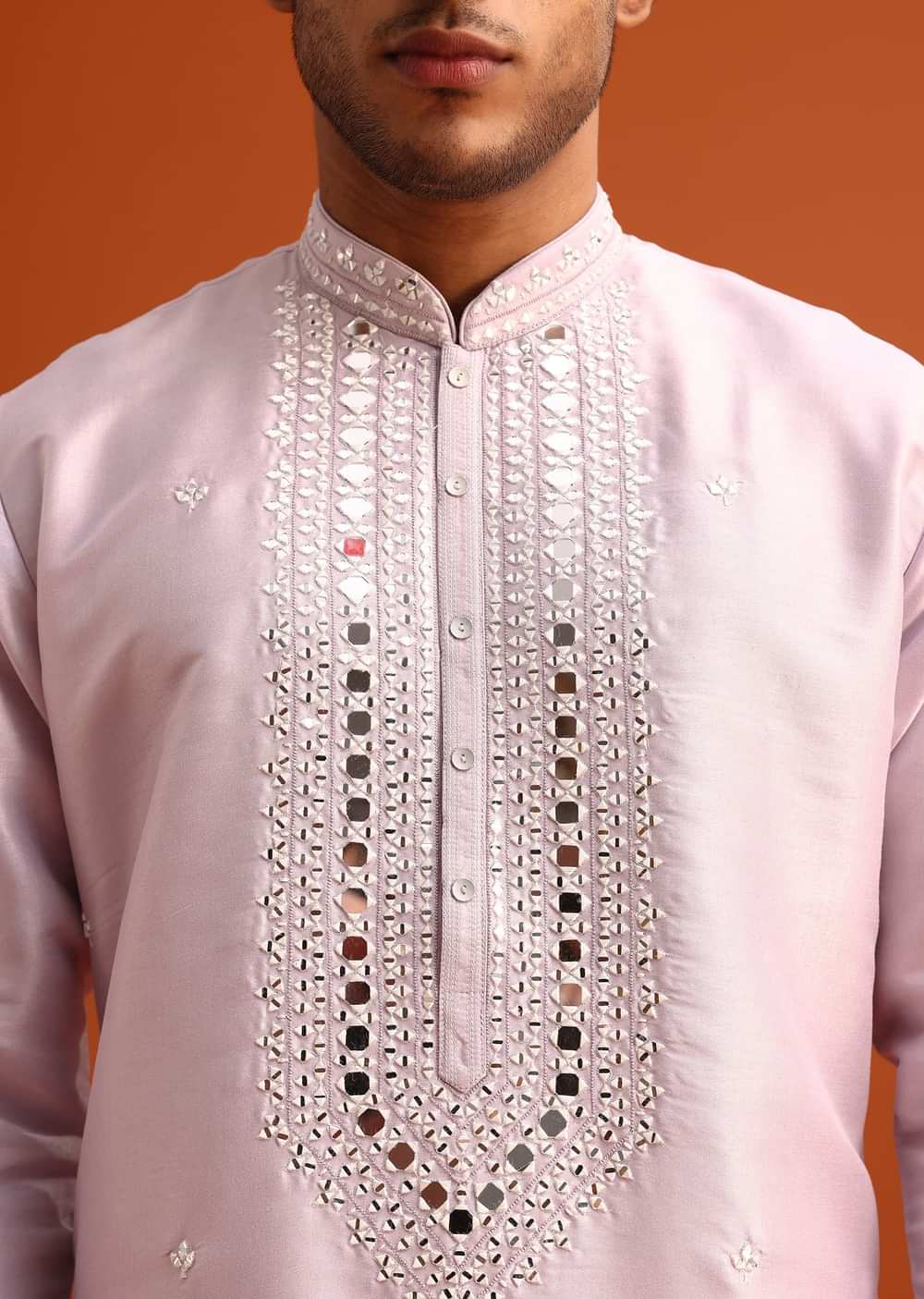 Lilac Kurta Pant Set In Silk With Mirror Embellishments