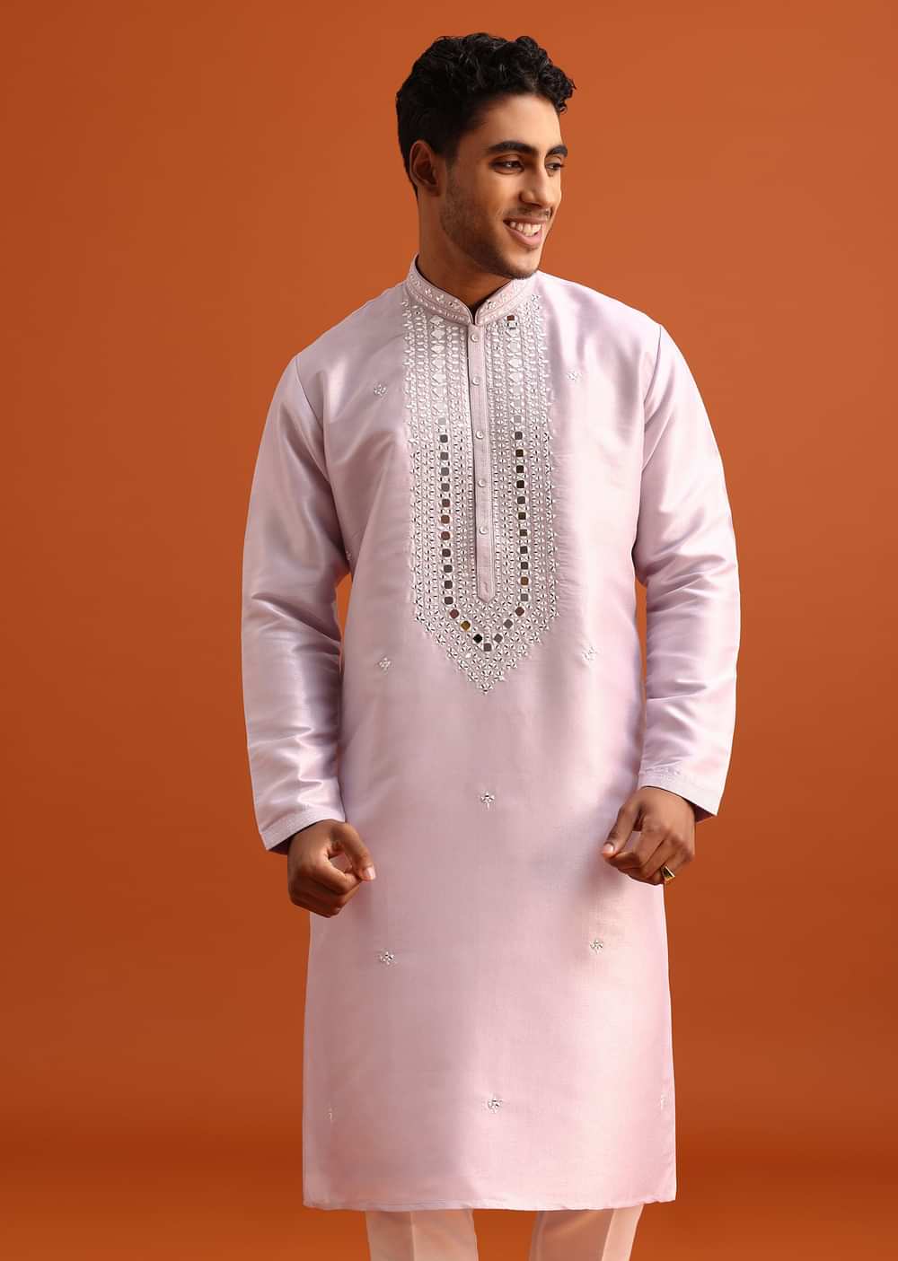 Lilac Kurta Pant Set In Silk With Mirror Embellishments