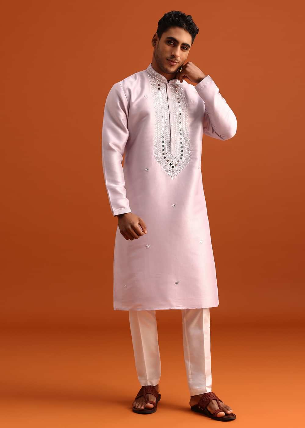 Lilac Kurta Pant Set In Silk With Mirror Embellishments