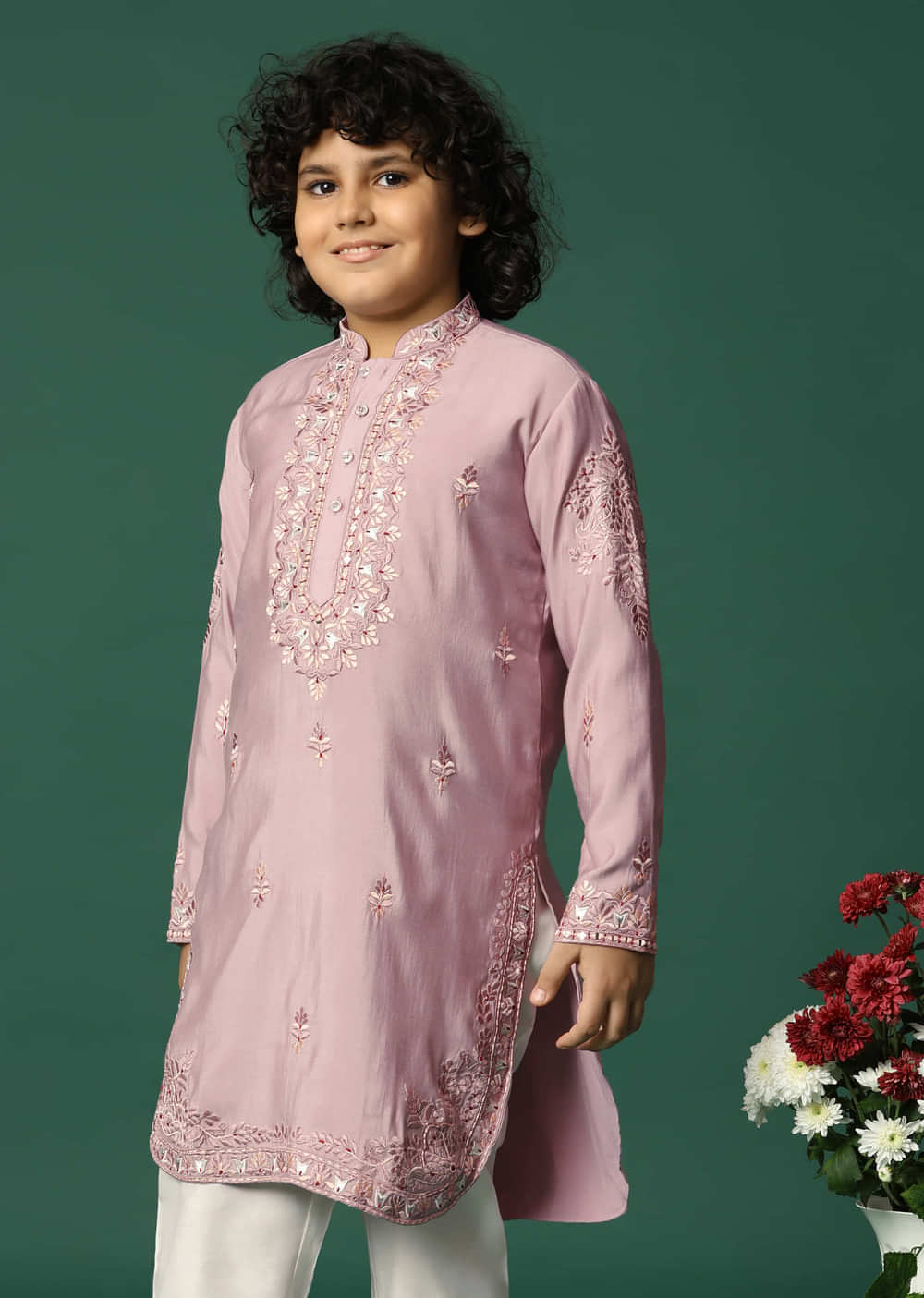Lilac Kurta Pant With Resham Work For Boys