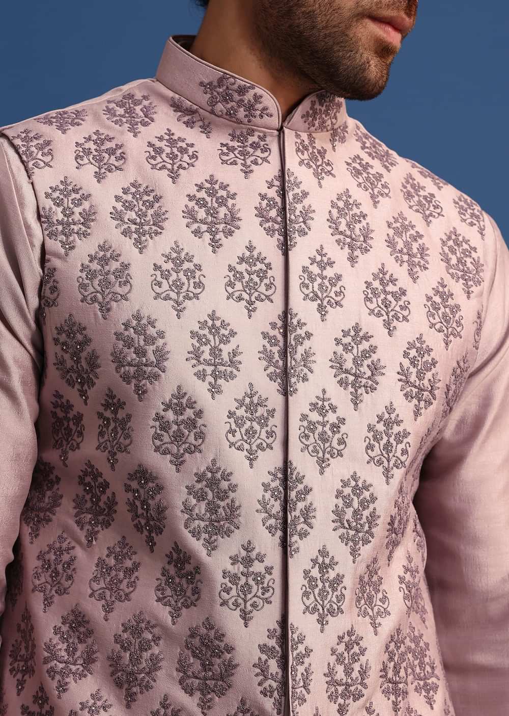 Lilac Kurta Set With Dori And Stone Embroidered Jacket