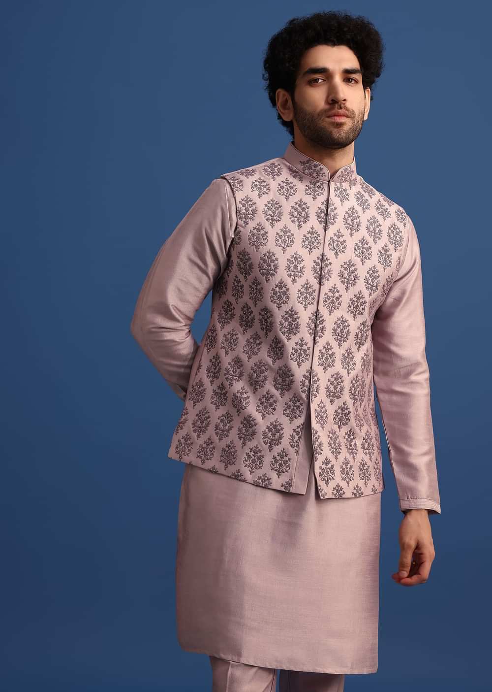 Lilac Kurta Set With Dori And Stone Embroidered Jacket