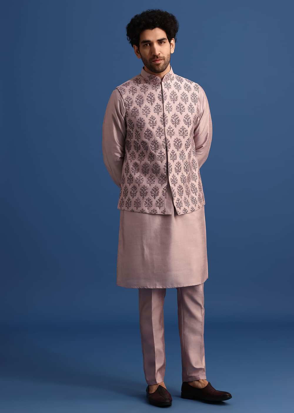 Lilac Kurta Set With Dori And Stone Embroidered Jacket