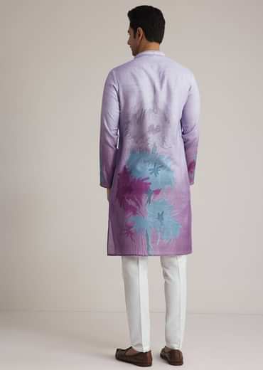 Lilac Linen Kurta Set With Ombre Abstract Print