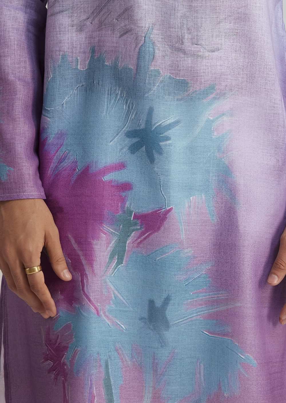 Lilac Linen Kurta Set With Ombre Abstract Print