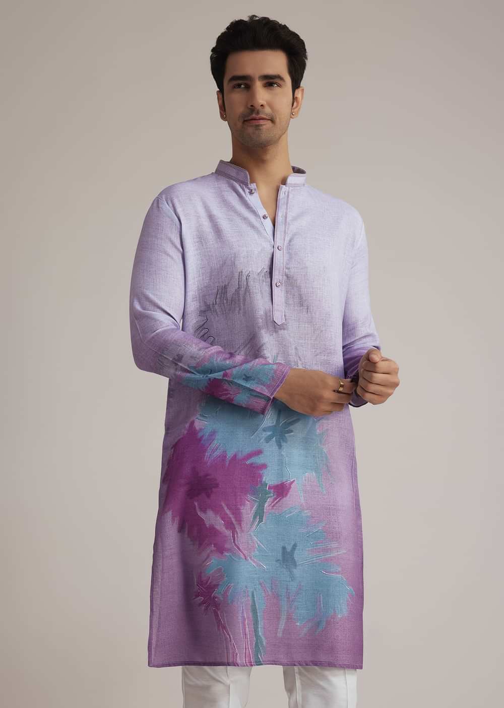 Lilac Linen Kurta Set With Ombre Abstract Print