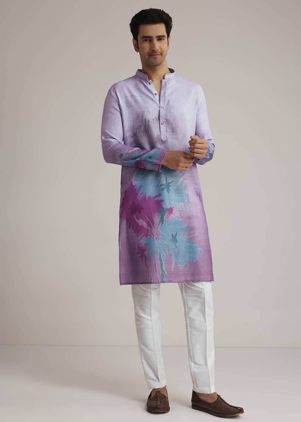 Lilac Linen Kurta Set With Ombre Abstract Print