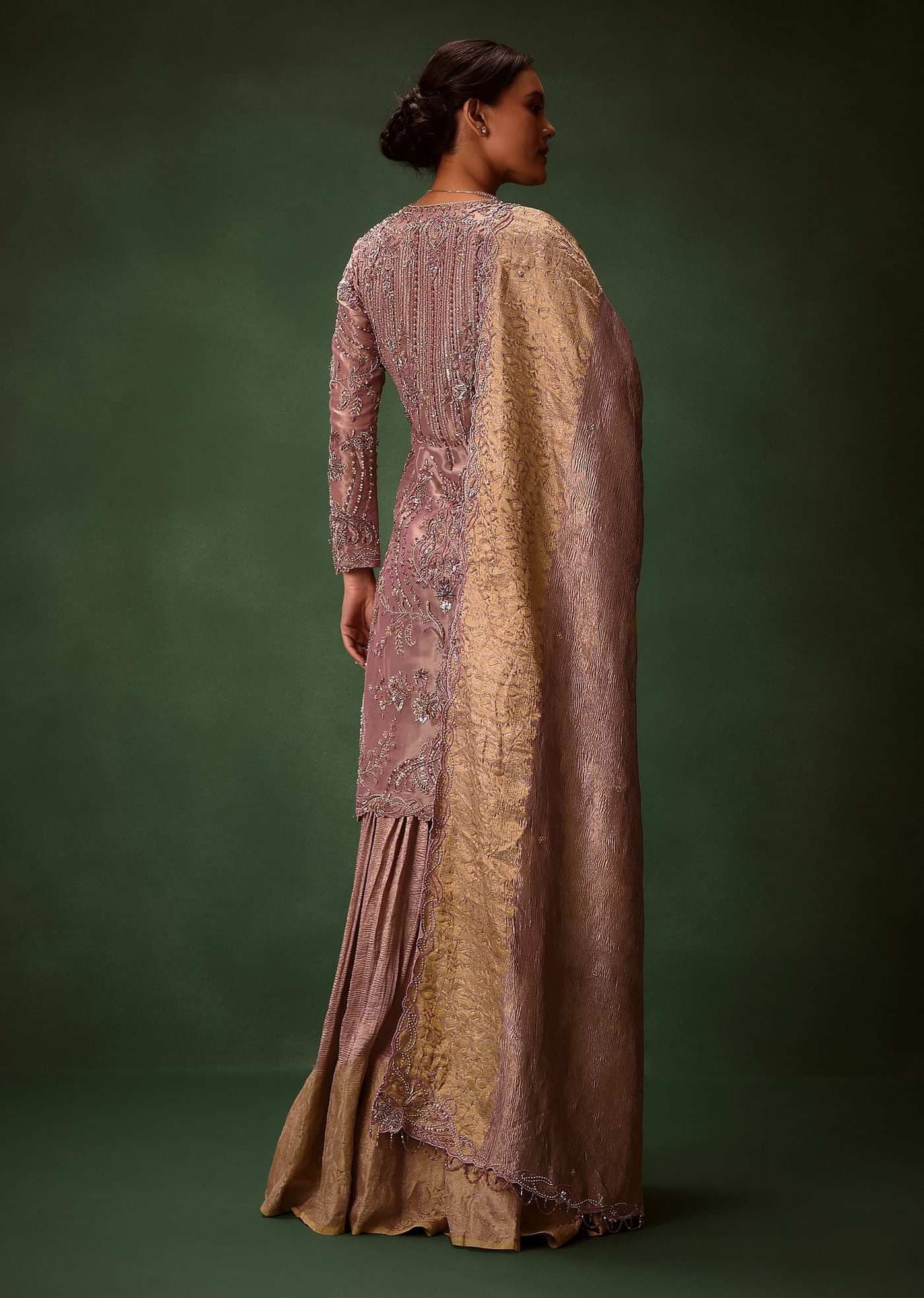 Lilac Platinum Tissue Kurti Set With Hand Embroidered Gharara Pants And Dupatta