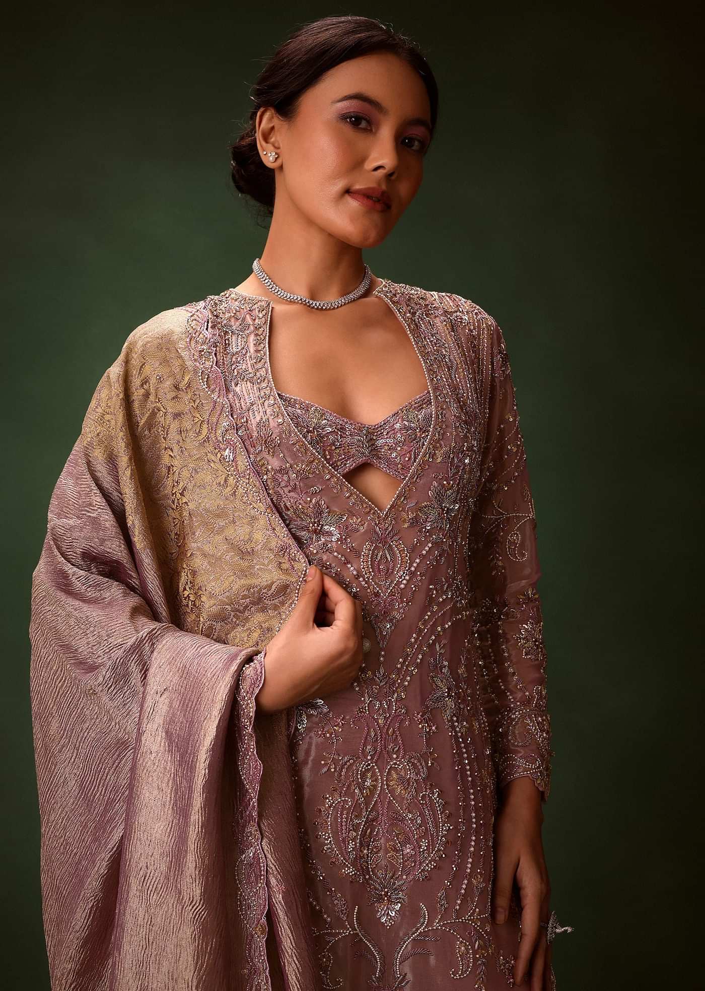 Lilac Platinum Tissue Kurti Set With Hand Embroidered Gharara Pants And Dupatta