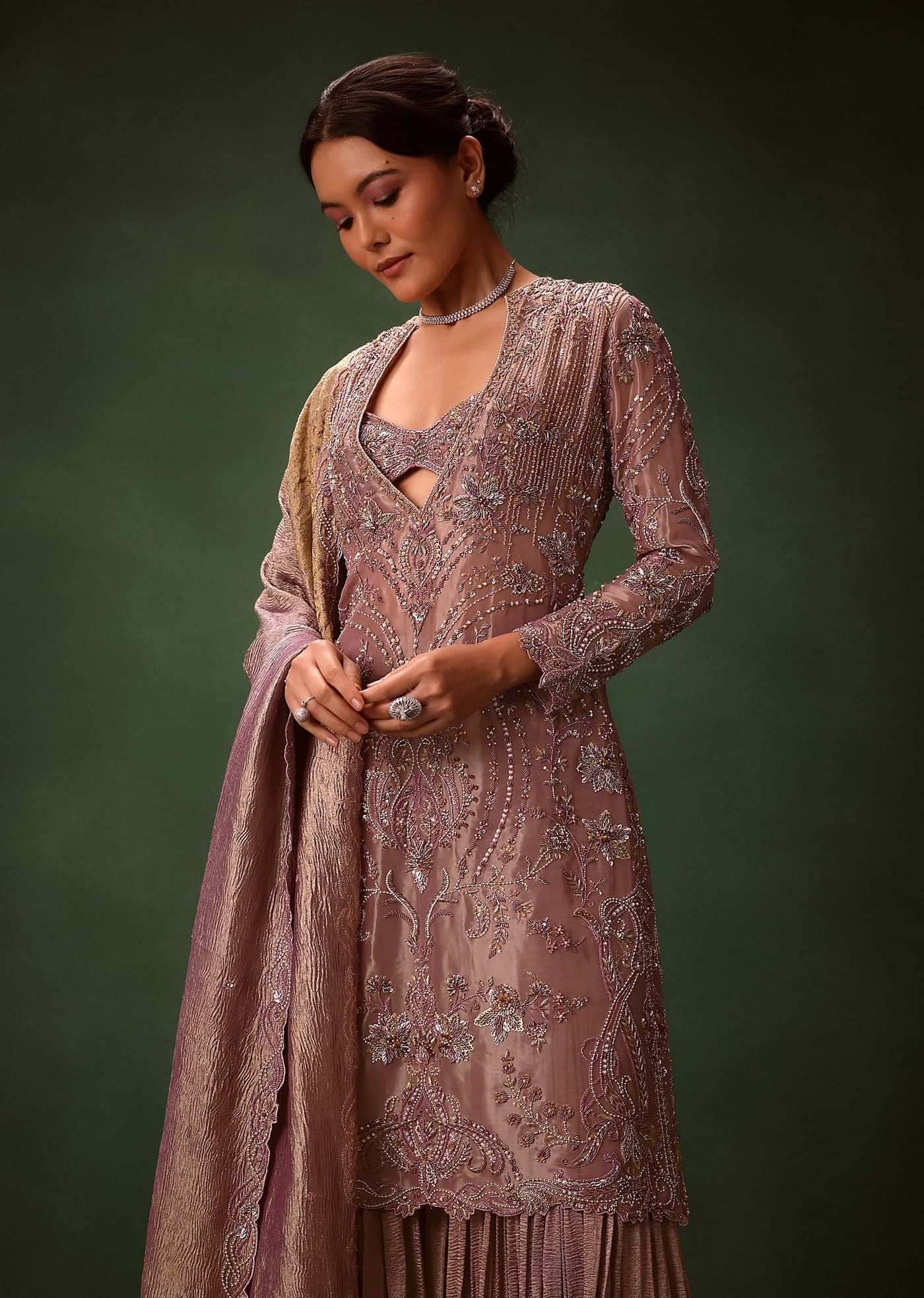 Lilac Platinum Tissue Kurti Set With Hand Embroidered Gharara Pants And Dupatta