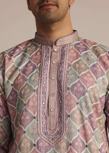 Lilac Printed Silk Kurta Set