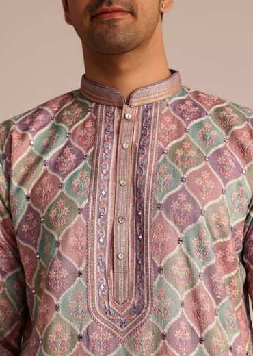 Lilac Printed Silk Kurta Set