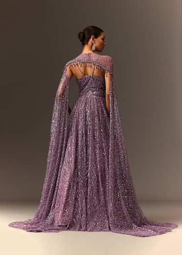 Lilac Sequin Gown With Attached Cheeta Work Cape Sleeves