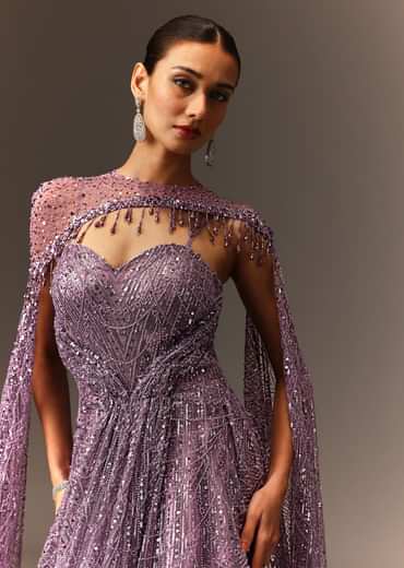 Lilac Sequin Gown With Attached Cheeta Work Cape Sleeves
