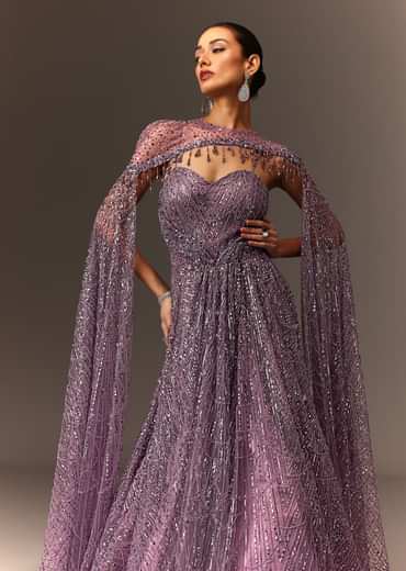 Lilac Sequin Gown With Attached Cheeta Work Cape Sleeves