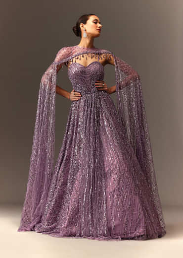 Lilac Sequin Gown With Attached Cheeta Work Cape Sleeves