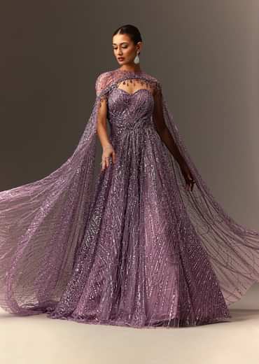 Lilac Sequin Gown With Attached Cheeta Work Cape Sleeves