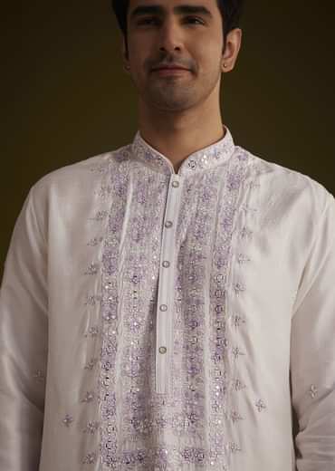 Lilac Silk Kurta Set With Mirror Embellishments