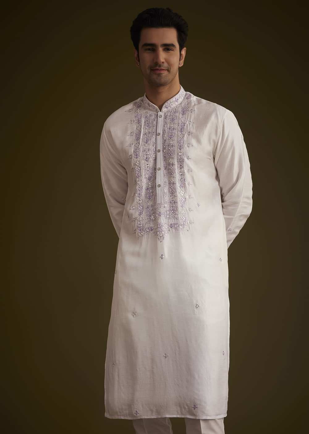 Lilac Silk Kurta Set With Mirror Embellishments