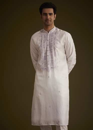 Lilac Silk Kurta Set With Mirror Embellishments